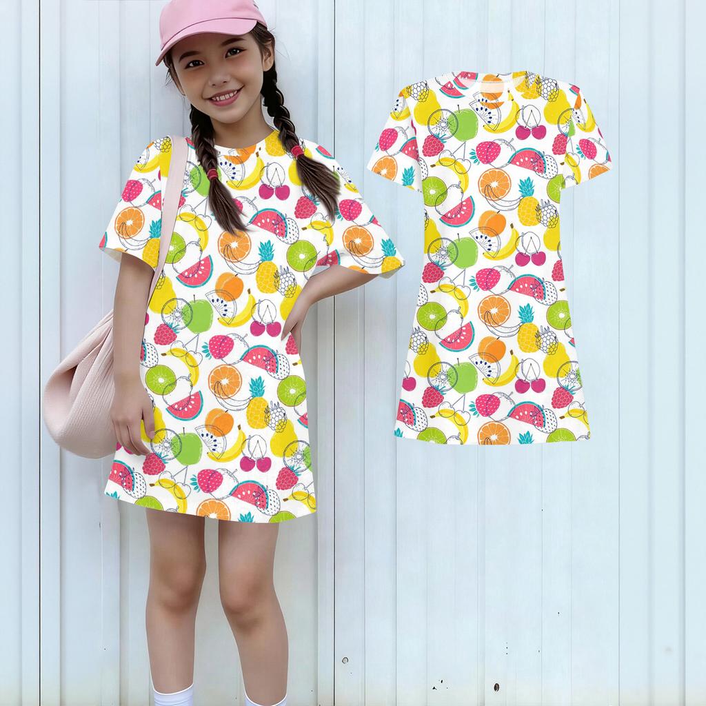 Girls Print Casual Dress Kids Loose Round Neck Short Sleeve Thin Sundress