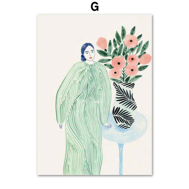 Tulip Violets Vase Woman Coat Flower Light Green Abstract Poster Aesthetics Prints Wall Art Painting On Canvas Living Room Decor No Frame