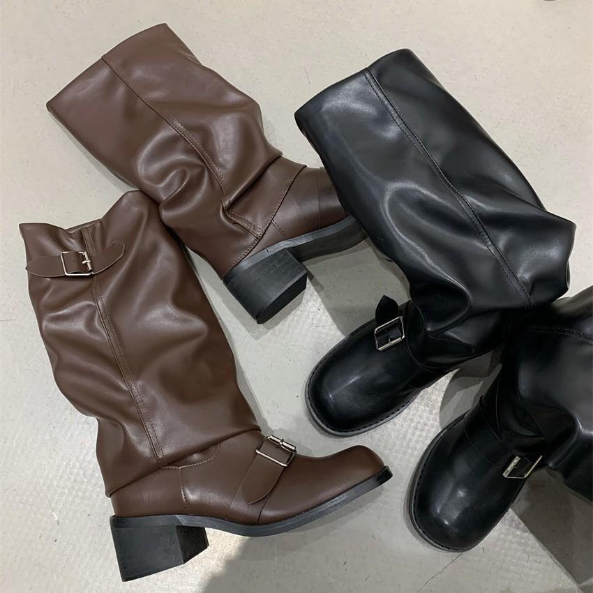 Coarse heel belt buckle knight boots long boots women's autumn and winter new design high boots show legs long boots