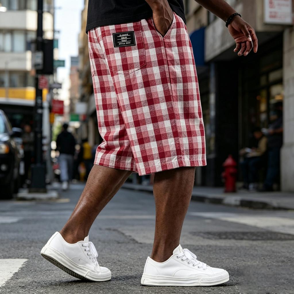 Men's Casual Loose Fit Plaid Shorts Lightweight Breathable Cotton Blend Fabric with Elastic Waistband and Side Pockets for Everyday Wear