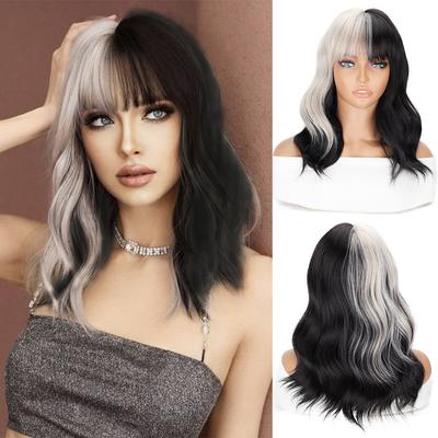 Synthetic Short Highlight Wigs Black Mixed White Wig With Bangs Extensions Wavy Wig For Women Daily Party Use