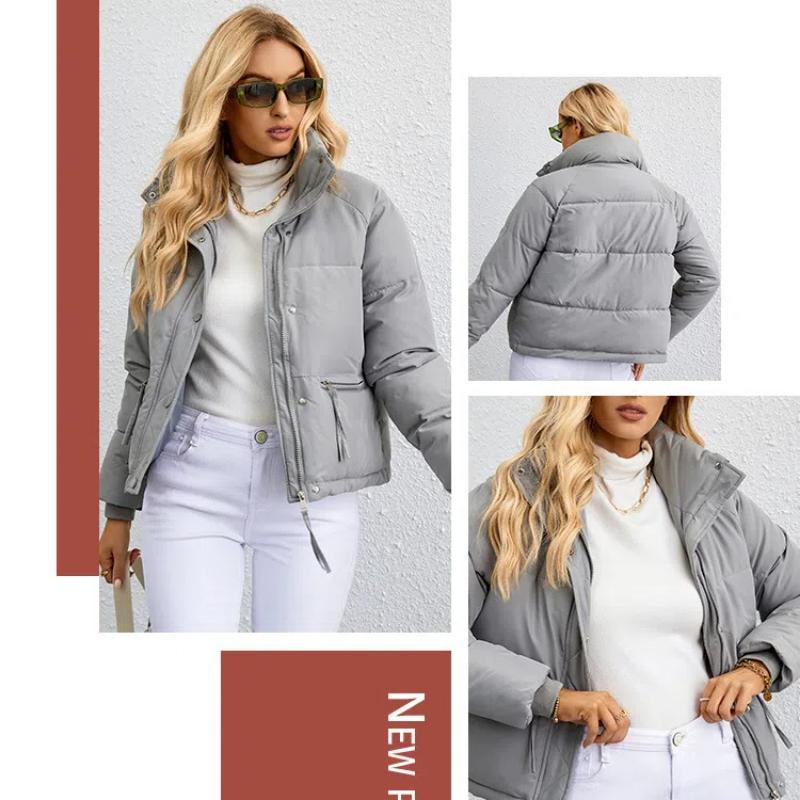 Womens Cropped Puffer Jacket Full Zip Quilted Jackets Warm Winter Coat Outerwear With Pockets