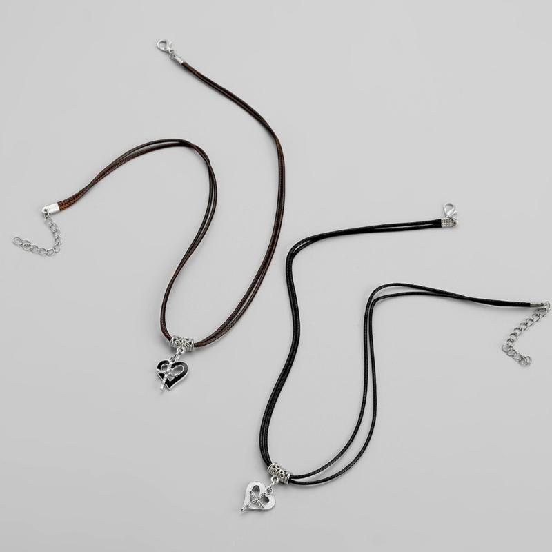2pcs Heart Cross Cat Pendant Necklace Couple Black Rope Choker Necklace Jewelry