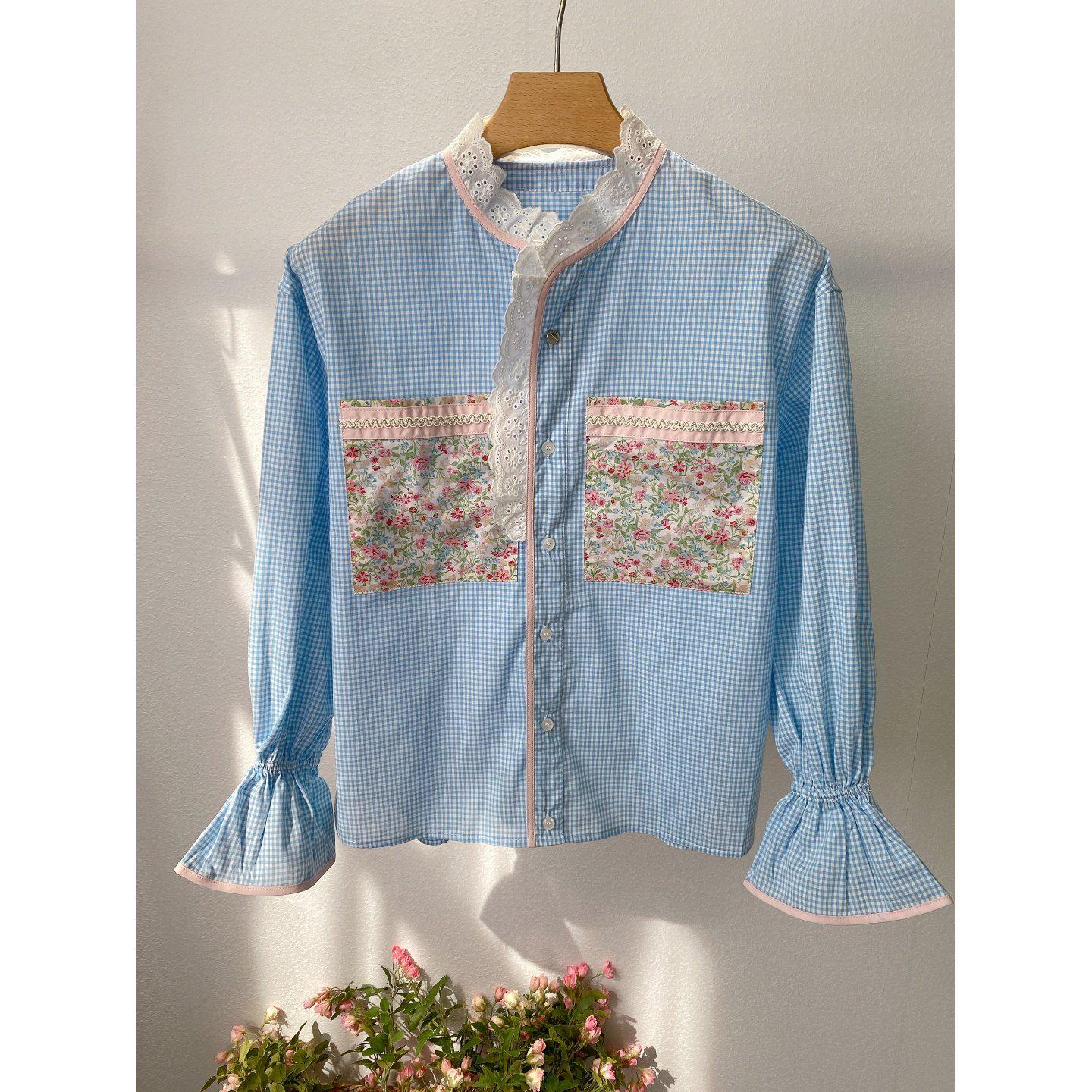 Pastoral French Blue & White Plaid Lace Trim Stand Collar Shirt with Floral Pocket (2026) Large