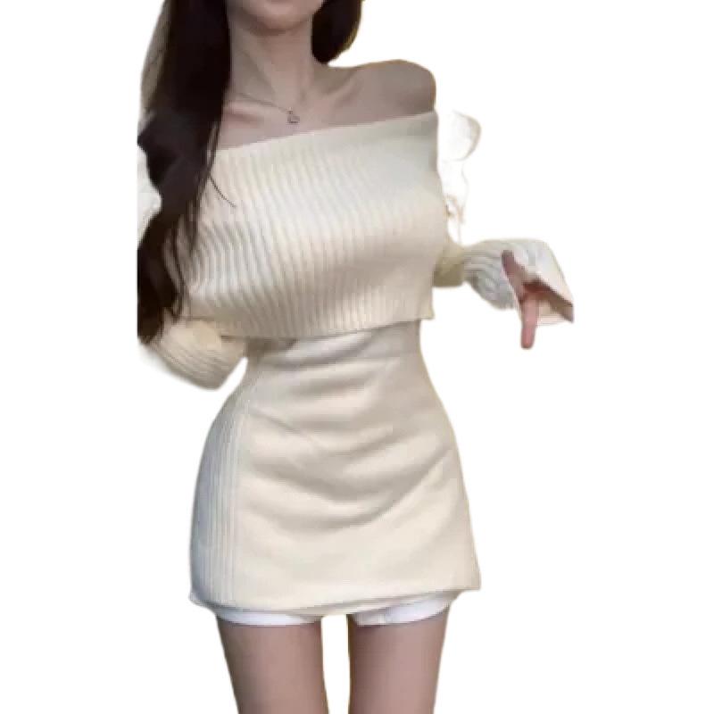 Korean Style Off-Shoulder Bowknot Knit Top – Women's Slim Fit Autumn Sweater