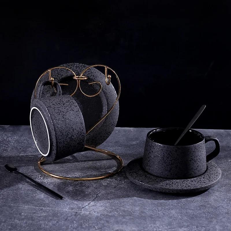 Set ceașcă de cafea și farfurii de calitate superioară farfurie din ceramică ceașcă de mic dejun lingură neagră cu suport pentru pahare.