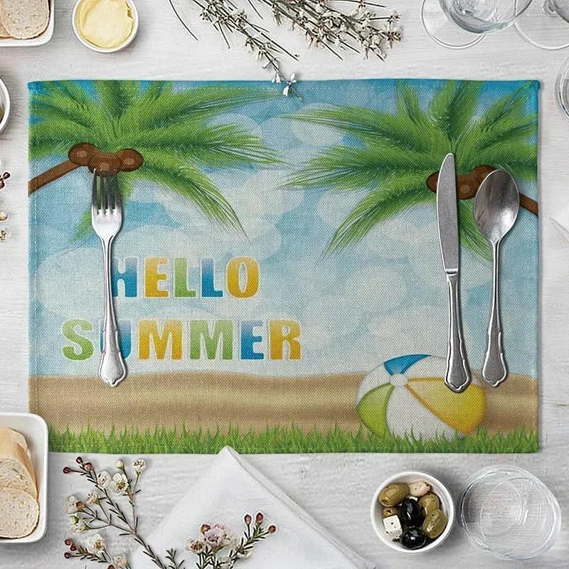 1PC Table Mats for Dining  Seaside Beach Pattern  Placemat Coconut Tree Linen