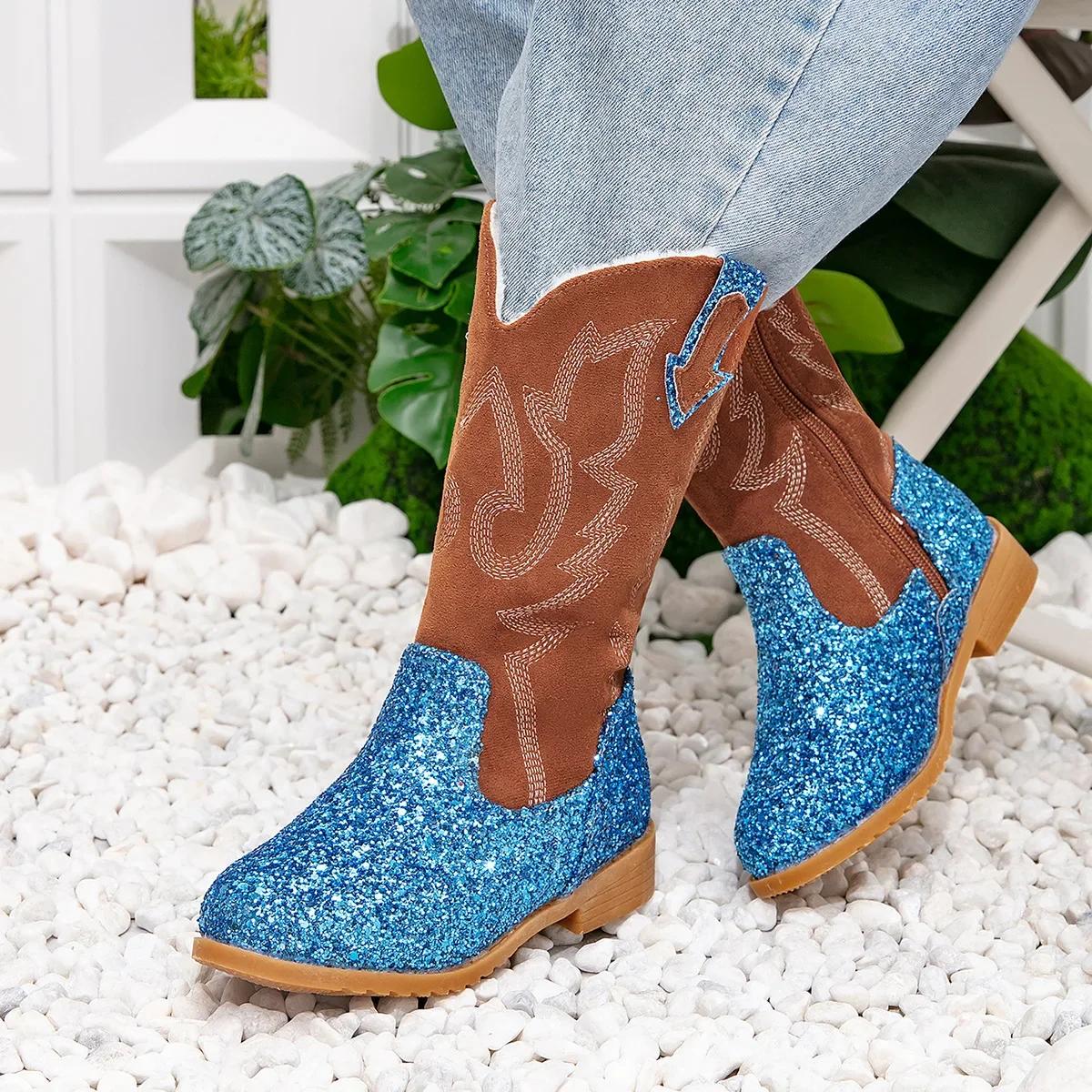 

Детские сапоги для верховой езды, модные зимние сапоги для девочек, роскошные блестки, принцесса, модные детские повседневные хлопковые сапоги, нескользящие, универсальные 25 синий