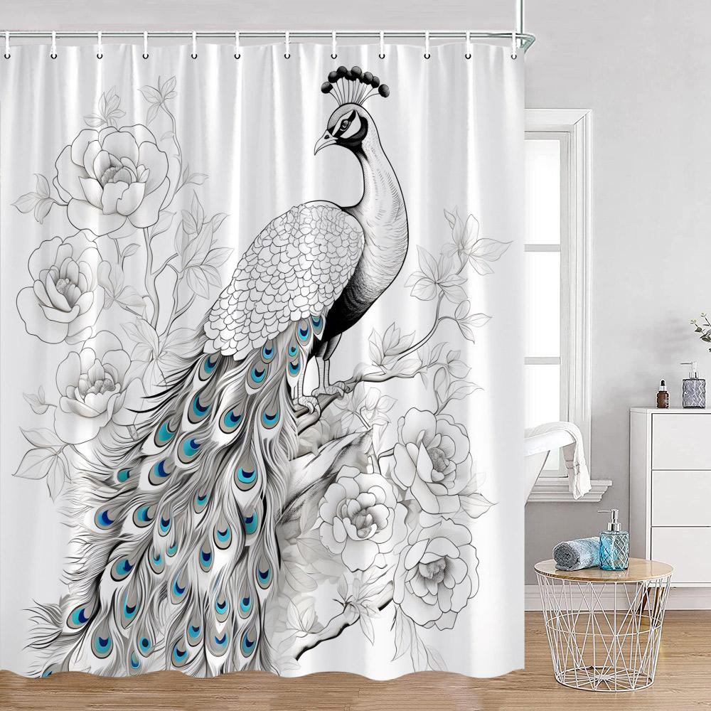 Peacock Shower Curtain Beautiful Blue Bird Pink Flower Tree Chinese Style Elegant Bath Curtain Modern Bathroom Decor with Hook