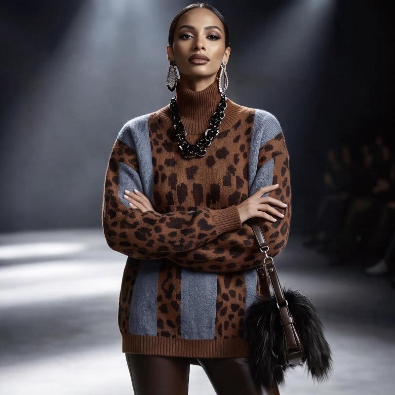 TIFICY Women's Fashion Casual Fall Winter Leopard Print Long Sleeve High Neck Sweaters