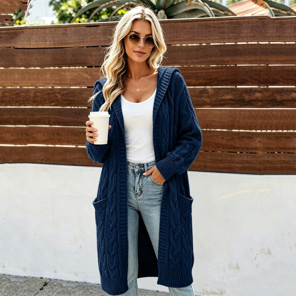 Women's Long Knit Cardigan with Hood - Long Sleeve Sweater Coat with Pockets