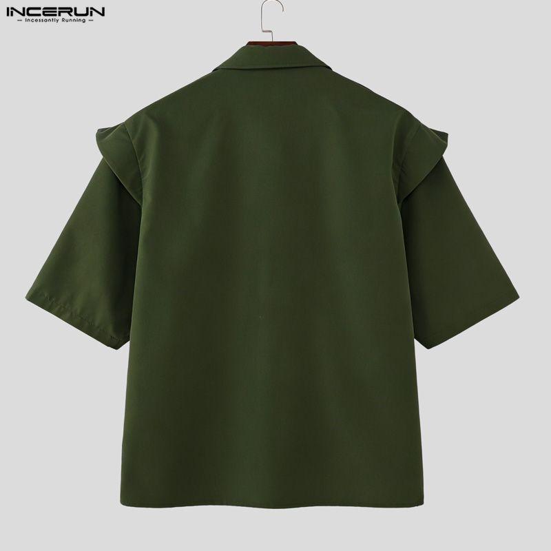 INCERUN Oversized Men Lapel Neck Short Sleeve Fake Two-piece Casual Shirts Tops