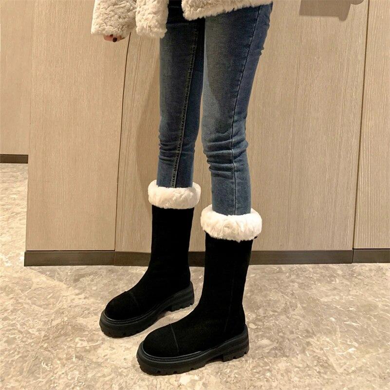 Meotina Bottes mi-mollet en cuir véritable pour femmes, bout rond, talons épais, plateforme, laine, daim, chaussures de mode pour dames, hiver 40
