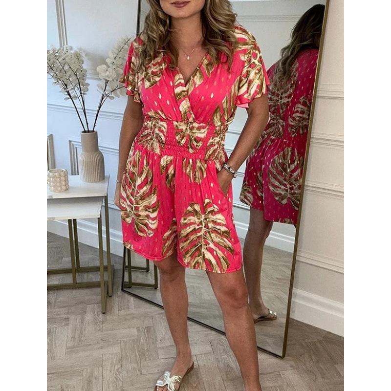 

Women s Tropical Leaf Print V-Neck Short Sleeve Romper with Waist Tie in Pink, Black, White, Green 3XL червоний