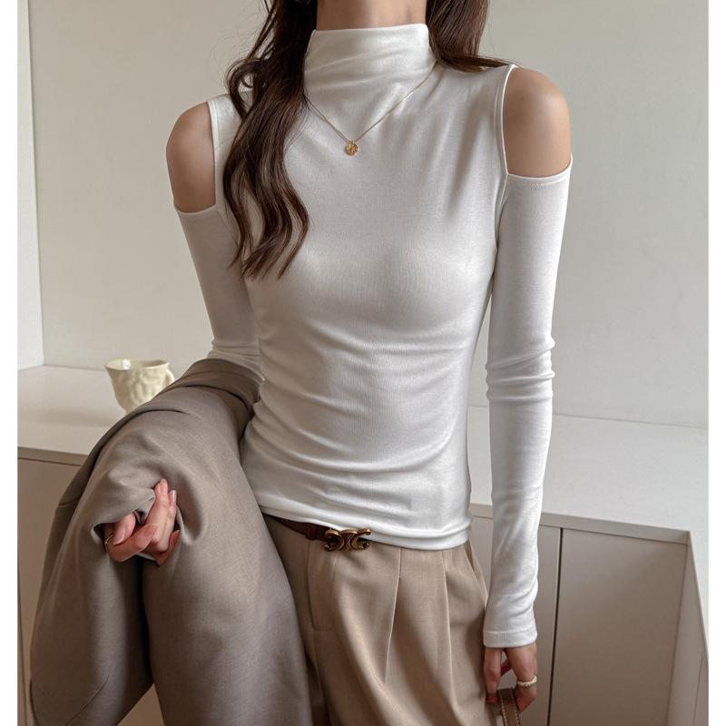2025 Niche Solid Color Off-Shoulder Cutout Long-Sleeve Base Layer Women's Top with Half-High Neck Design