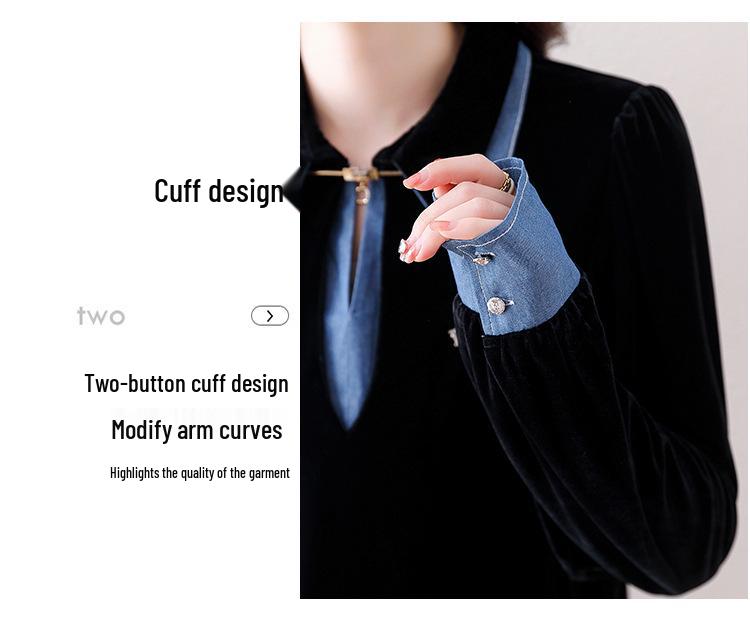 Women's Velvet Long Sleeve Denim Patchwork Two-Piece Shirt - Early Autumn 2023 Trend.