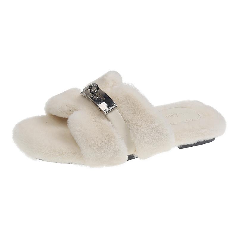 

Korean version of fluffy slippers women s 2025 autumn new plush flat bottom outer wear Internet celebrity flat bottom gentle one-word cotton slippers 35