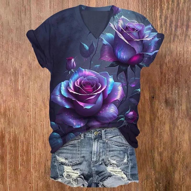 Sommar V-ringad 3D Blommig Tryckt Topp Trendiga Casual Kortärmade Dam T-shirts