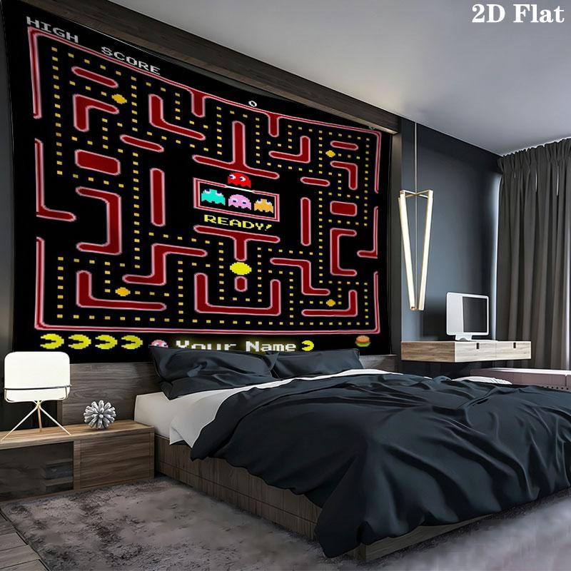 Pac-Man Custom Name Wall Tapestry Aesthetic Wall Hanging Printed Fabric Blanket Decorative Tapestries for Bedroom Living Room Home Decor