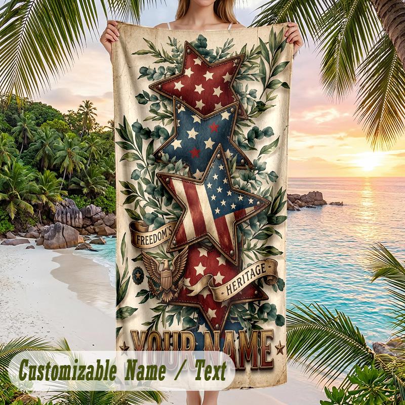 American Patriotic Theme Beach Towel Personalized Custom Name & Text Soft Quick Dry Beach Towel for Swimming Travel