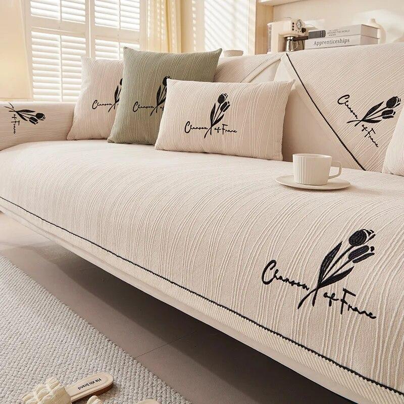 

Чехол для дивана с цветочной вышивкой из синели, противоскользящая полоса, диванная подушка, украшение для дома, 4 сезона, универсальная диванная подушка 70x70cm 1pcs