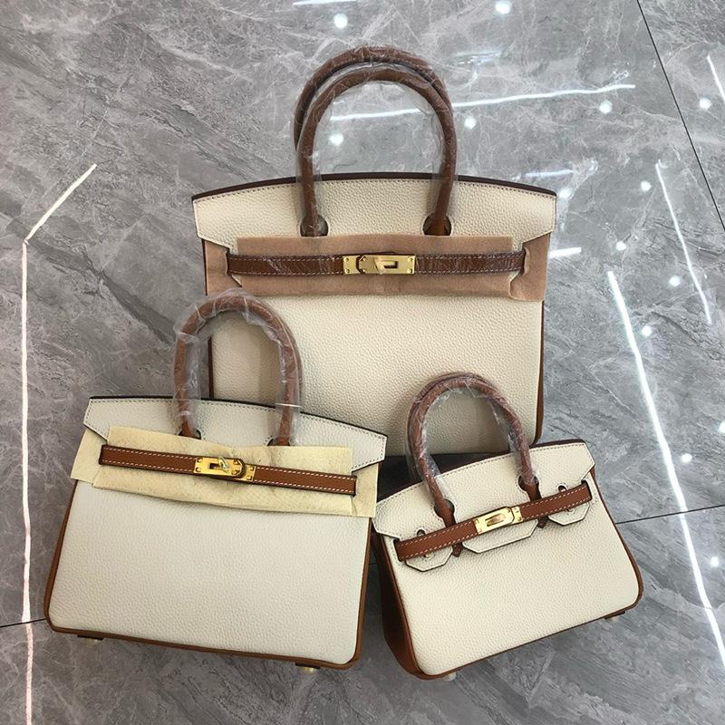 Cross-border Lychee Pattern Color Matching Platinum Bag Cowhide Women's Bag Contrasting Color Handbag Large Capacity Shoulder Crossbody Wedding Bag