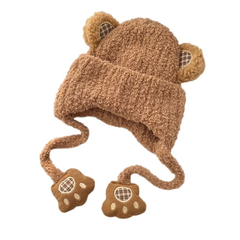 Autumn Winter Warm Hat with Earflap and Chin Strap Ties Cute Cartoon Beanie Cap Soft Bonnet Warm Headwear for Kids