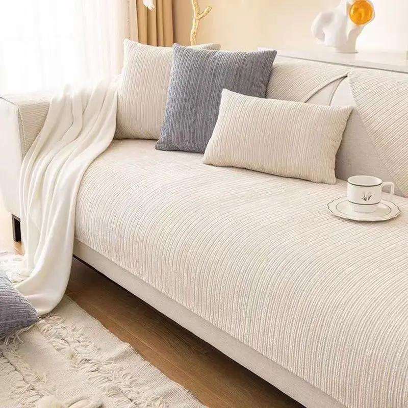 Chenille Solid Color Non-Slip Sofa Cover Living Room Sofa Backrest Armrest Towel Four Season Straight Couch Protection Cushion
