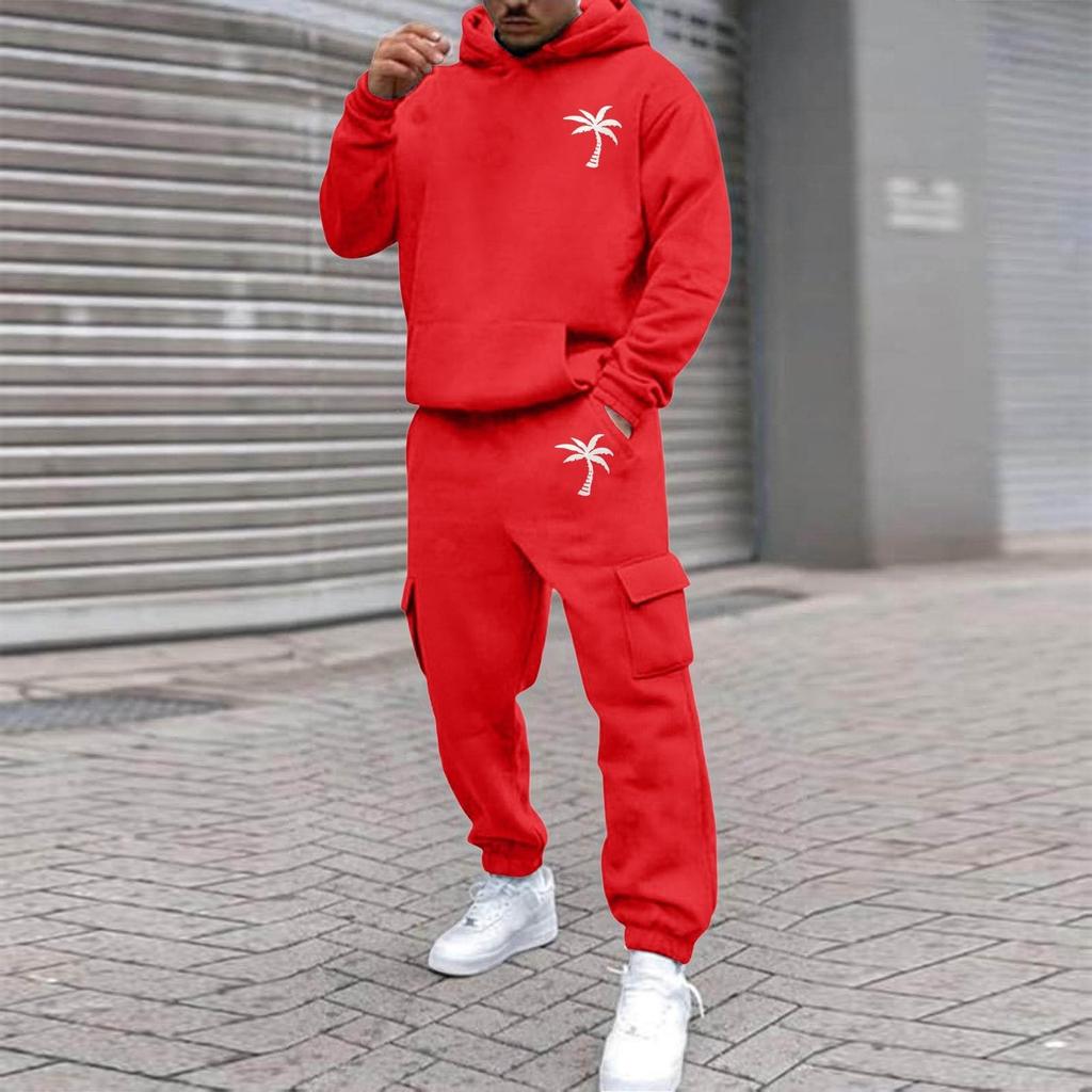 Men's Plus Size Hooded Sweatshirt and Sweatpants Set with Palm Tree Print Fleece Lined Loose Fit for Outdoor Sports and Casual Wear