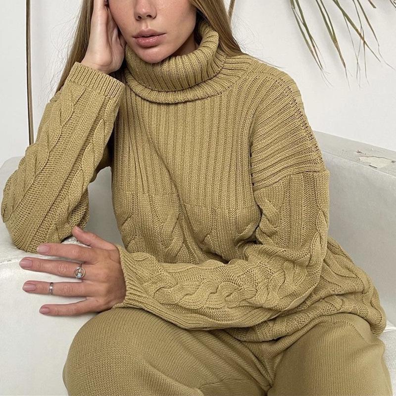 2023 Women's Knitted Cable Knit Two-Piece High Neck Sweater Set