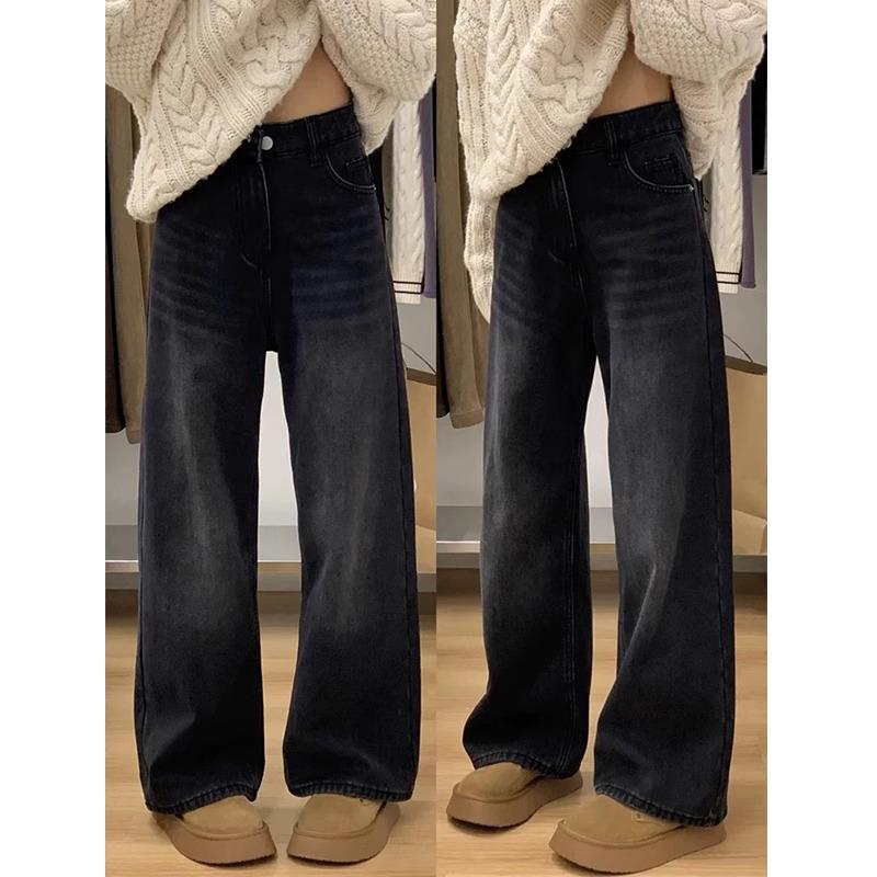

2025 Spring Women s Plus Size Loose Wide-Leg Retro Jeans XXL черный серый