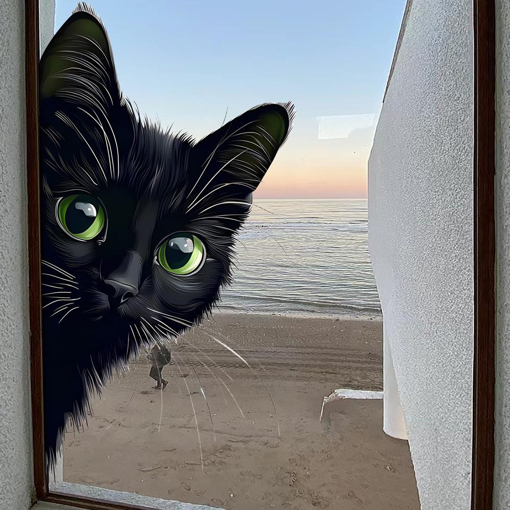 Cartoon Schwarze Katze Statisch Haftend Fensteraufkleber Abnehmbar Selbstklebend für Balkon Schlafzimmer Glas Heimdeko Kunst