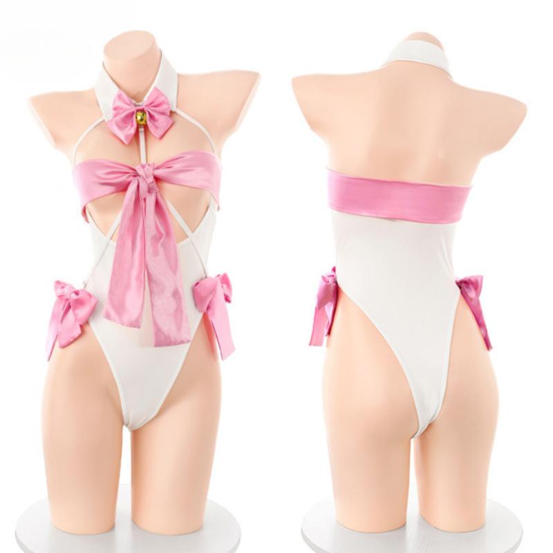 Anime Cute Pink Cat Girl Uniform Cosplay Costume Sexy Hollow See Through Bodysuit Underwear Role Play Outfits Lingerie Nightwear