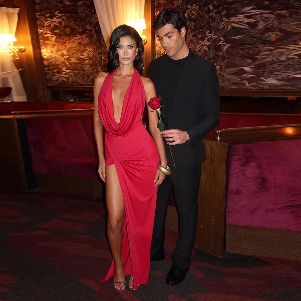 2026 Spring Women's Sexy Deep V-Neck Halter Backless Slit Pleated Bodycon Dress