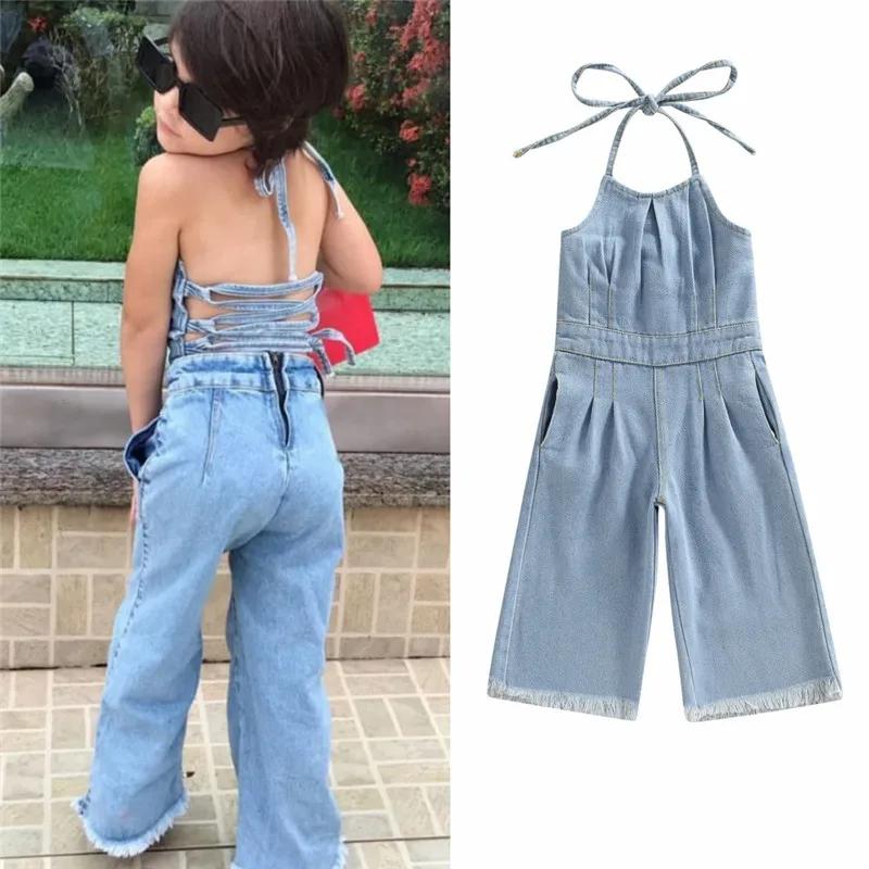 Kids Girls Denim Jumpsuit Tie Up Halter Neck Sleeveless Solid Blue Denim Long Playsuit For Girls