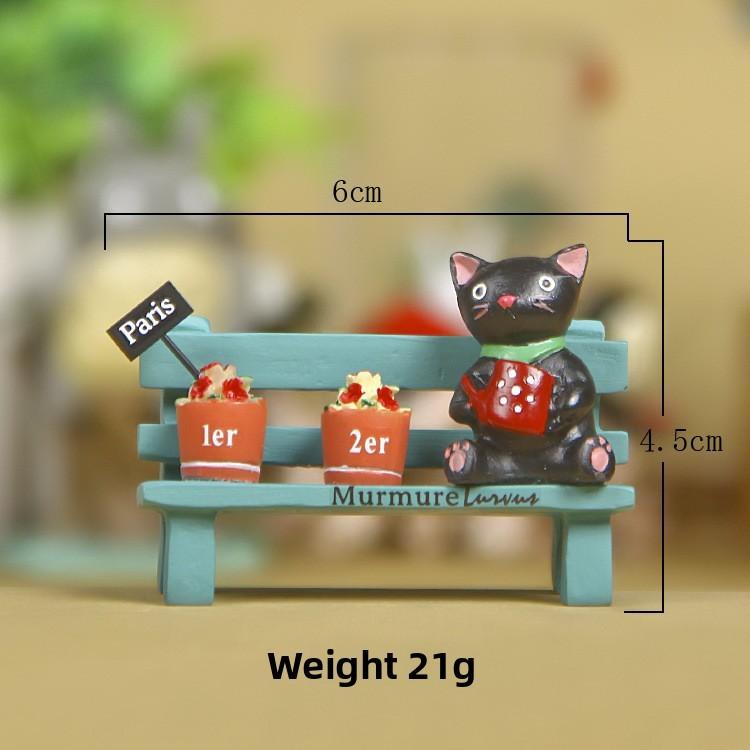 Black Cute Cat Sitting On Bench Watering Flowers Resin Ornaments For Desk Decor