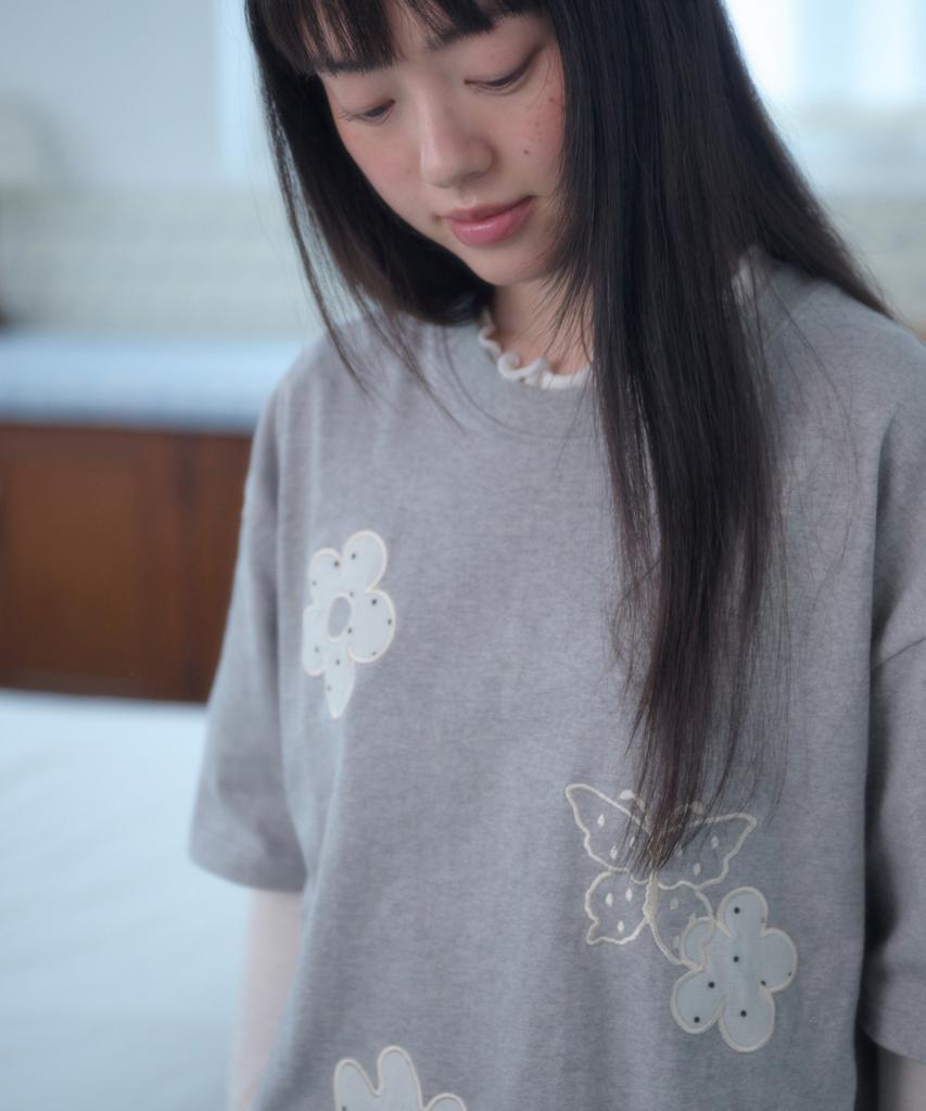 AMBLER See-Through Flower Embroidered Short Sleeve T-Shirt As1305 (Melange)