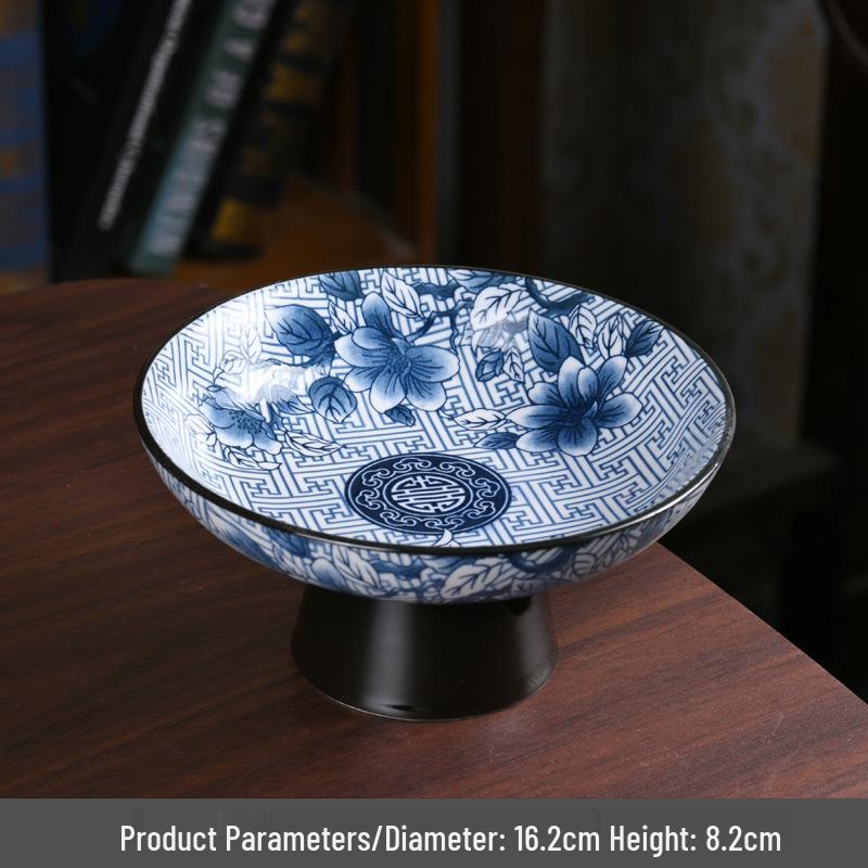 Porcelain Tall-Footed Blue & White Fruit Bowl: Tea Table Plate for Melon Seeds, Pastries, Snacks & Dried Fruits