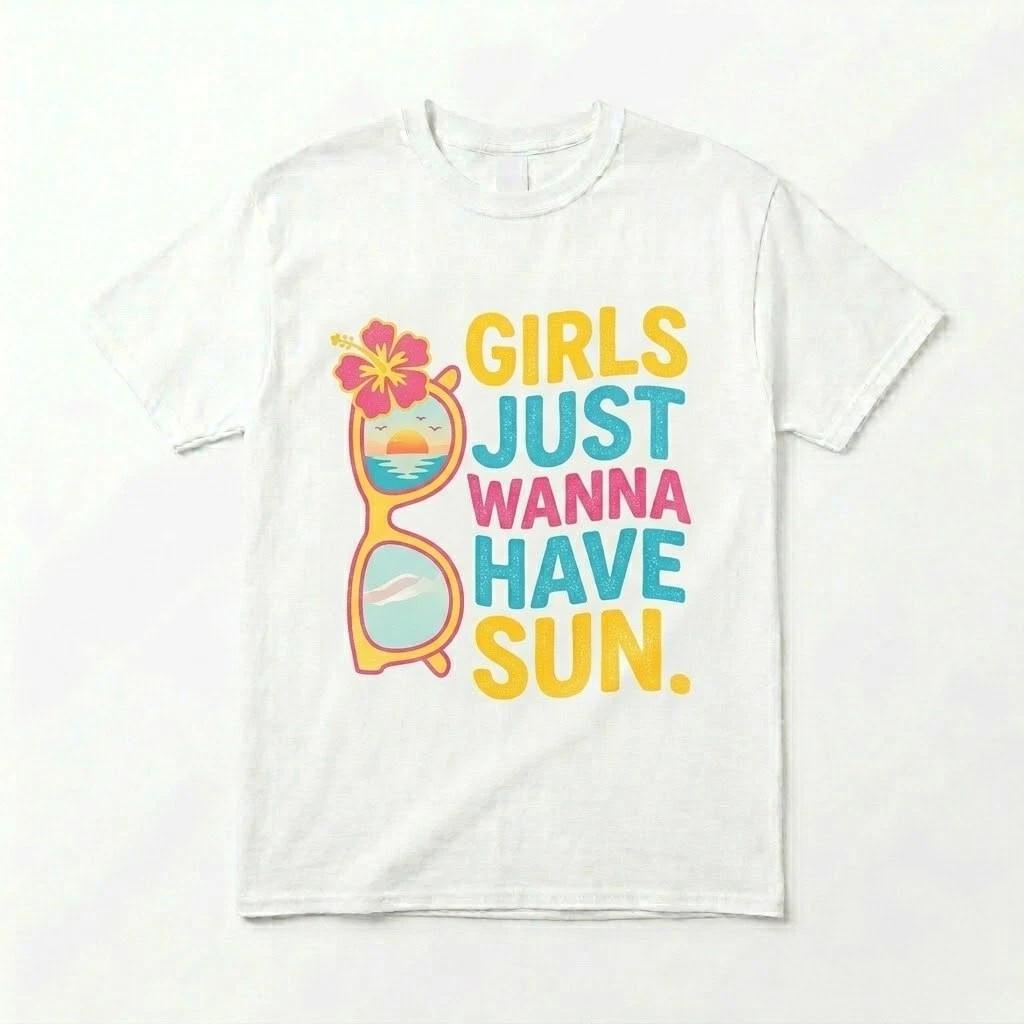 Girls Just Wanna Have Sun T-Shirt - Summer Beach Fun Graphic Tee - Women’s Top L