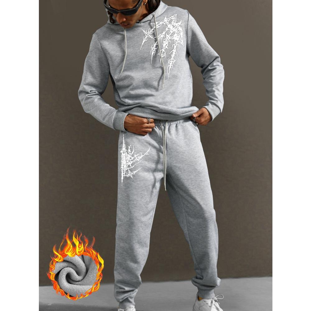 Herren modische Sportbekleidung mit Kapuze, lässiges Set, normale Passform, bedrucktes Design, mit Taschen