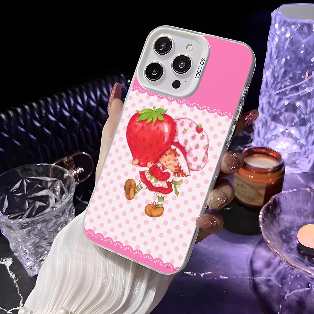 Pink Strawberry Cartoon S-Shortcake Phone Case For iPhone 16 15 14 13 12 11 Pro Max White Matte Laser Metallic Aurora Funda