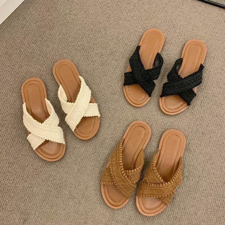 Cool tofflor i etnisk stil för kvinnor sommar 2025 nya bohemiska damsandaler med platt sula och korsband