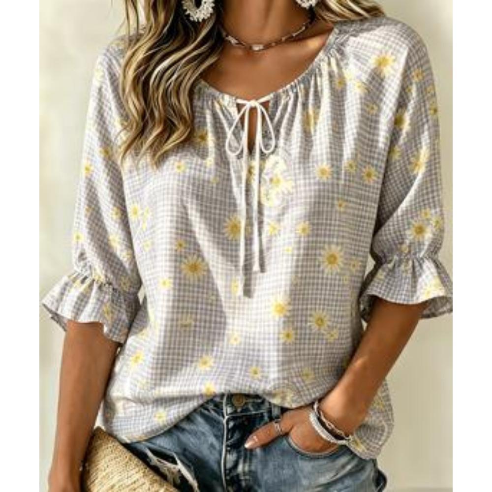 Women's Plaid Daisy Print Tie Neck Top Ruffle 3/4 Sleeve Loose Fit Summer Casual Daily Commuter Shirt