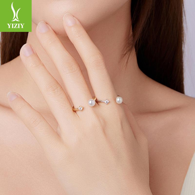 Natural Freshwater Pearl Mozzarella Diamond Ring, Simple Classic Temperament 925 Sterling Silver Open Ring Ring