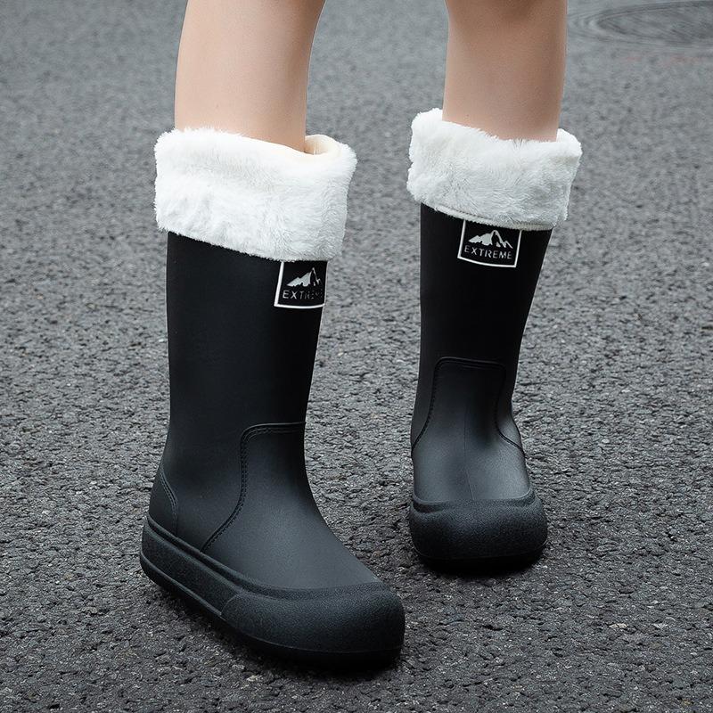 Rain Shoes Women's Velvet Rain Boots Tall Adult Waterproof Shoes Women's Fashion Work Water Boots Non-slip Kitchen Rubber Shoes