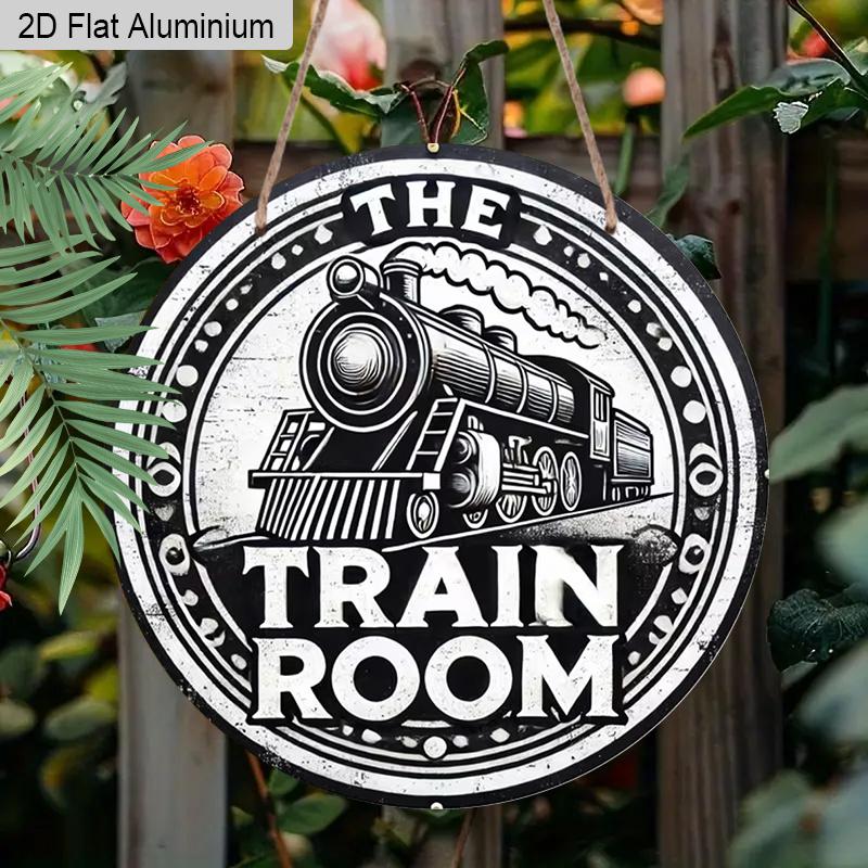 2D Flat AluminumVintage Train Room Round Metal Sign for Entryway, Bar, Cafe, Club, Kitchen, Pre-Drilled Holes for Easy Hanging, gifts for Teens
