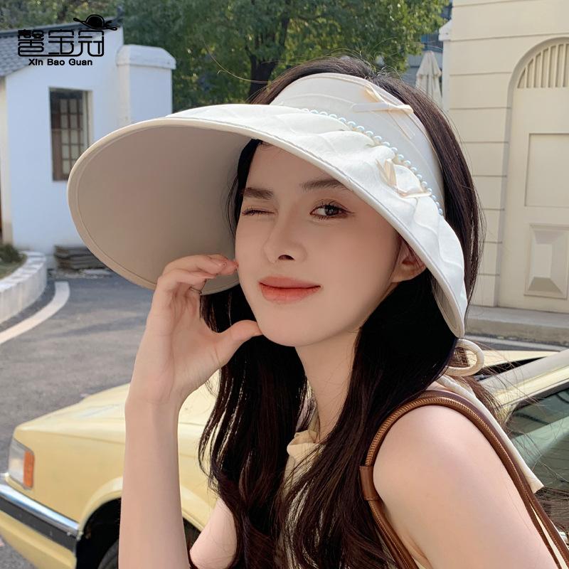 Summer sun protection hat women pearl bow big brim sun hat fashion empty top sun hat