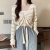 Summer V-neck hollow new slim-fitting and thin drawstring short outer knitted sweater women's thin solid color top