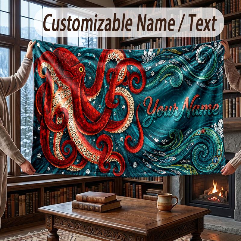 Octopus Sea Life Theme Throw Blanket Custom Name Text Personalized Blanket Soft Cozy Blanket for Home Sofa Bed