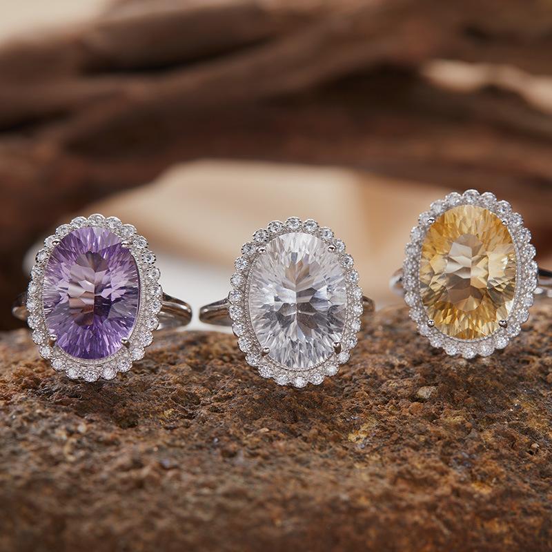 Anello del Tesoro in Argento Sterling S925 Placcato Oro 18K Colore Naturale Anello per Dito Indice di Lusso Leggero Premium Gioielli Energetici Cristallo Giallo Viola Bianco Donna